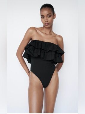 ZARA Black Ruffle One-Piece Strapless bodysuit SIZE: AMALL